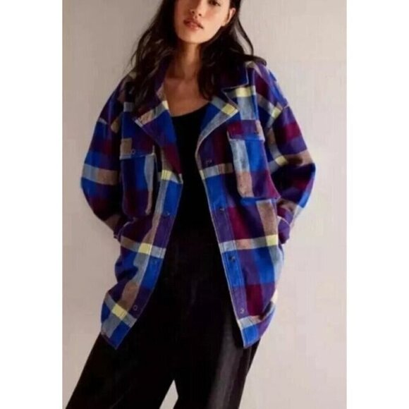 NEW WE THE FREE IZZIE PLAID FLANNEL CARGO SHIRT SHACKET BLUE YELLOW WINE SZ M - Picture 1 of 10